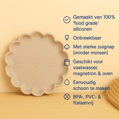 Afbeelding van Dutsi Welpje Serie Siliconen Babybord met Leeuwen Ontwerp 18 cm Taupe