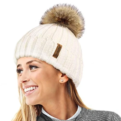 Afbeelding van TOSKATOK® Warme wintermuts van breiwol met afneembare pompon imitatiebont, Crème