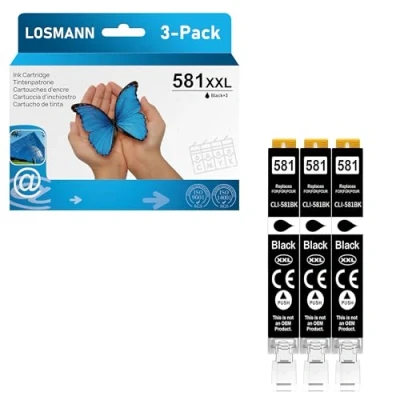 Afbeelding van LOSMANN 3 stuks zwarte inktcartridges compatibel met Canon CLI 581 XXL BK voor Pixma TS6350 TS6150 TS8150 TS8250 TS6250 TS705 TS705a TS8151 TS6151 TS8152 TS8300 TS9150 TS9151