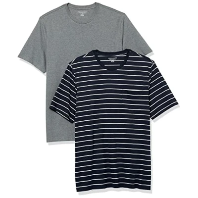 Image de Amazon Essentials Lot de 2 t shirts à manches courtes et col rond pour homme, coupe classique, gris chiné/rayures bleu marine, taille XS