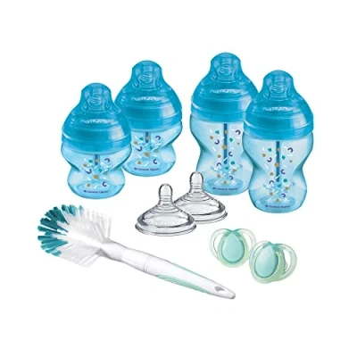 Afbeelding van Tommee Tippee Closer to Nature flessen starterpakket voor pasgeboren baby&#039;s, tepelspenen met anti koliek ventiel, gemengde maten, blauw