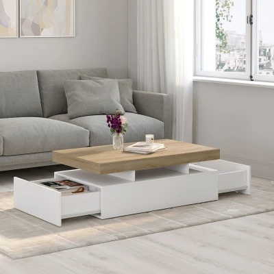 Image de Table basse rectangulaire ELSA 2 tiroirs en bois blanc et plateau façon hêtre IDMarket
