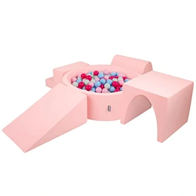 Afbeelding van KiddyMoon Speeltuin van schuim met rond ballenbad (200 ballen) Kinderballenbakken Speelgoed Hindernisbaan, Gemaakt in de EU, Roze: poederroze/donkerroze/babyblauw/munt