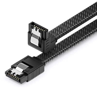 Afbeelding van deleyCON 30 cm SATA 3 nylon datakabel 6 Gbit/s III aansluitkabels seriële ATA voor moederbord en HDD SSD 1 L stekker S 90 gebogen, zwart