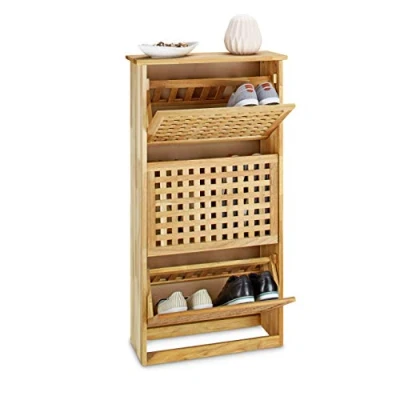 Afbeelding van Relaxdays schoenenkast hoog notenhout 3 vakken schoenenrek hout 6 paar schoenen