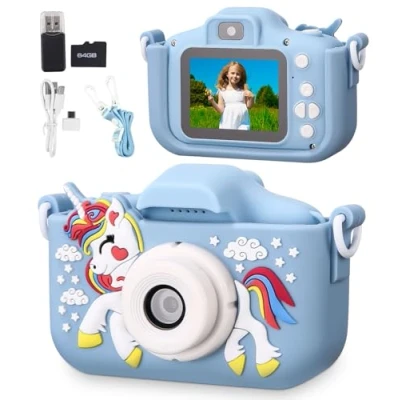 Afbeelding van appareil photo pour enfants, avec écran 1080p, carte de 64 Go, selfie, numérique enfants 3 à 12 garçons, filles, cadeau d&#039;anniversaire, jouet Noël, bleu