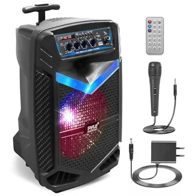 Afbeelding van Pyle Draagbaar Bluetooth geluidssysteem, 400 W, oplaadbaar, met subwoofer van 8 inch, tweeter, 1 opname, microfooningang, feestlampen, USB/SD, radio