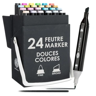 Afbeelding van OfficeTree Twinmarkers alcoholviltstift, 24 stuks, professionele tekenstift, zachte en intense kleuren, promarker alcoholstift voor schetsen, tekenen, schilderen, lay out