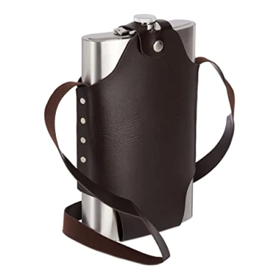 Afbeelding van Relaxdays platvink edelstaal XXL heupfles 1,8 liter zakflacon draagriem rvs zilver