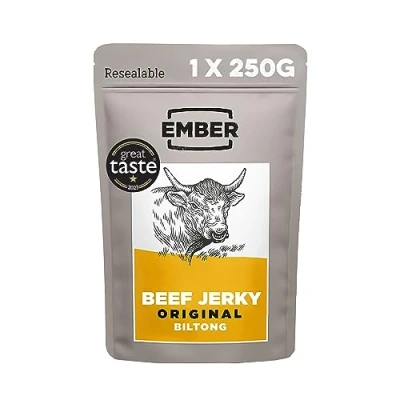 Image de Ember Snacks: Biltong Beef Jerky Saveur Original (1x 250g) / Boeuf séché riche en protéines. Collation à emporter faible gras &amp; calories [Le design de l&#039;emballage peut varier]