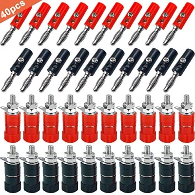 Afbeelding van QitinDasen 40 stuks premium 4 mm banaan stekker kit: 20 vernikkelde banaanstekker + veiligheidsstekker, voor luidspreker, audio/video ontvanger (rood en zwart)