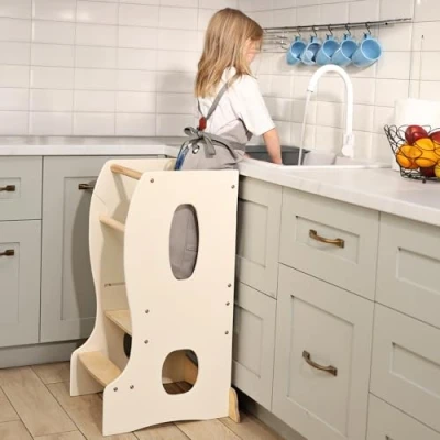 Afbeelding van Montessori leertoren In hoogte verstelbare houten kinderstoel vanaf 1 jaar Staande en veilige voor koken, spelen leren (ivoor)