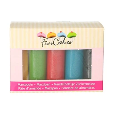 Afbeelding van FunCakes Amandelpasta Multipack Essential Colors heerlijke eenvoudig te gebruiken, perfect voor het versieren van taarten, halal kosher, glutenvrij, 5 kleuren, geel, groen, blauw, rood, zwart, 520 g