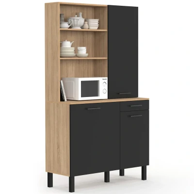 Image de Buffet de cuisine avec colonne rangement 100 CM CINA 3 portes + tiroir façon hêtre et noir IDMarket
