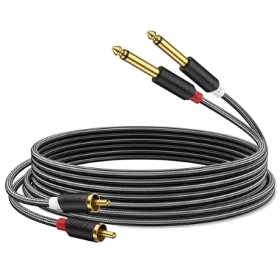 Afbeelding van J&amp;D RCA naar jack 6,35 mm kabel 0,9 m, kabel, verguld, serie audio, 2 x (1/4 inch) mannelijk TS cinch stekker, pvc, gedecoreerd, audio adapter, stereo, Y splitter, met
