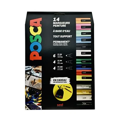 Afbeelding van POSCA Uni Mitsubishi Pencil Maxi Pack met meerdere punten 14 Markers op waterbasis Alle ondergronden Verschillende kleuren en Gratis tas