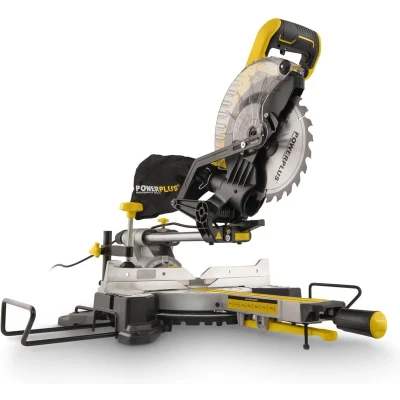 Afbeelding van Powerplus POWX075720DB Afkort en verstekzaag Telescopische zaag 1600W 210mm zaagblad Telescopisch uittrekbaar Kap dubbele verstekfunctie Incl. 24 tanden voor hout, laser, zijsteunen stofzuigeraansluiting