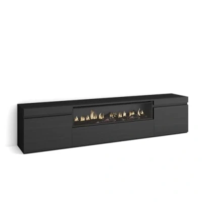 Afbeelding van Skraut Home tv kast, bank, grote opbergruimte, 200 x 45 35 cm, voor tv&#039;s tot 80 inch, elektrische open haard, moderne stijl, zwart