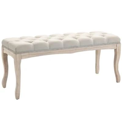 Afbeelding van HOMCOM Gestoffeerde bank Klassieke Stijl 110 cm Bedteen Gewatteerd Linnen Voetstuk Geweven Hout Gesneden Beige
