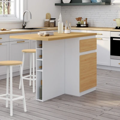 Image de Ilot central TINO 120 cm avec range bouteilles 4 personnes bois blanc plan de travail façon hêtre IDMarket