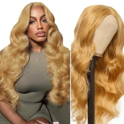 Afbeelding van Tuheerst Blonde Human Hair Pruik Body Wave voor dames, echt haar, 4 x 4#27, Zwitserse kant, 100% onbewerkt, Braziliaans Remy geen geur 61 cm