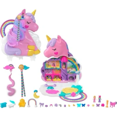Afbeelding van Polly Pocket Koffer kapsalon, eenhoorn met regenboog om te kappen, 2 poppetjes, meer dan 25 accessoires en mobiele elementen, speelgoed voor kinderen, vanaf 4 jaar, HMX18
