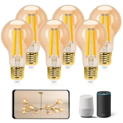 Afbeelding van Aigostar Edison Alexa slimme gloeilamp, E27, 6 W, vintage, wifi, led, A60, intelligente retrolamp, compatibel met en Google Home, dimbaar 2700 K 6500 K, barnsteen, stuks