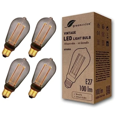 Afbeelding van greenandco Set van 4 LED lampen in vintage design E27 ST64 Edison 4W 100lm 1800K rook extra warm wit 320 230V flikkervrij niet dimbaar
