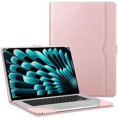 Afbeelding van FINTIE Hoes compatibel met MacBook Air 15 inch A2941 (versie 2023), premium PU lederen klaphoes voor 15,3 M2 Liquid Retina en Touch ID, roségoud