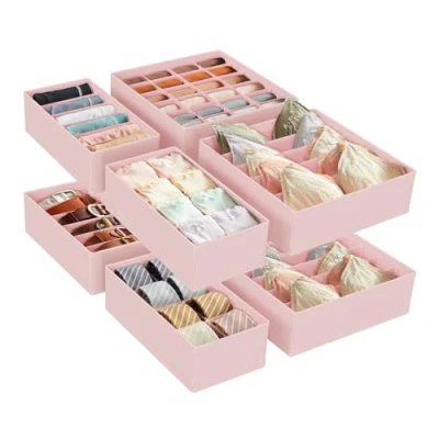 Afbeelding van SONGMICS opbergdozen voor ondergoed, set van 8, lade organizer, opbergsysteem garderobe, bh&#039;s, sokken, stropdassen, vouwdozen, stoffen dozen, roze RUS008P01
