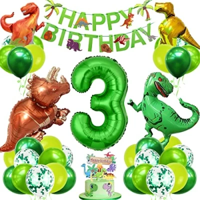 Afbeelding van dinosaurus verjaardag, ballon 3 jaar, nummer 3, groen, verjaardag helium, decoratie jongens,
