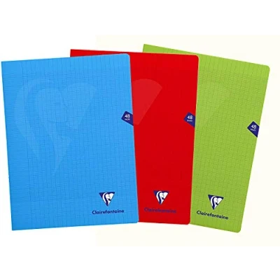 Image de Clairefontaine 293311AMZC Lot de 3 Cahiers Agrafés Mimesys 24x32 cm 48 Pages Grands Carreaux Papier Blanc 90 g Couvertures Polypro Couleurs Assorties (Bleu, Rouge et Vert)