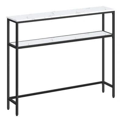 Afbeelding van VASAGLE Console voor hal, dunne woonkamertafel met 2 niveaus, 20 x 100 80 cm, bijzettafel planken, woonkamer, slaapkamer, wit gemarmerd en inktzwart LNT131W59