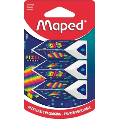 Afbeelding van Maped 3 stuks piramidegommen Voor precisie en comfort Witte gum Pixel Party serie Recyclebare verpakking