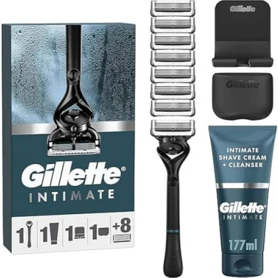 Image de Gillette Intimate Pour Homme, Manche De Rasoir + 8 Recharges, Crème Rasage Nettoyant 2 En 1, Un Confortable Et Efficace