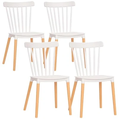 Afbeelding van HOMCOM Set van 4 eetkamerstoelen, keukenstoelen, Scandinavische stijl, hoge rugleuning, zitting polypropyleen, poten beukenhout, voor woonkamer, slaapkamer, keuken, kantoor, wit