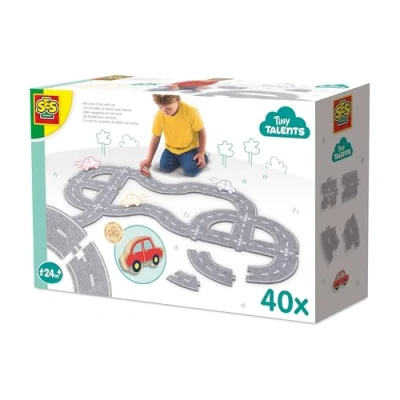 Afbeelding van SES Creative 13152 Vilten Wegenbouw 40 Stuks met auto Speelset voor Kinderen vanaf 24 Maanden Personaliseer je wegen rechte stukken en bochten Inclusief een houten