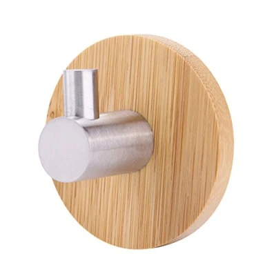 Afbeelding van Aigid Wandkapstok zelfklevende handdoekhaken bamboe basis van hout, haken roestvrij staal, hanger voor badkamer, keuken, slaapkamer (enkele haak)