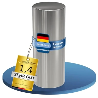 Afbeelding van sterke zilveren neodymium magneet, diameter 20 x 50 mm, hechtkracht ca. 22 kg, voor whiteboard, prikbord, magneetbord, werkplaats