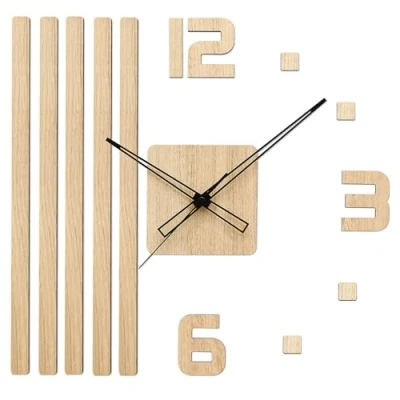 Afbeelding van PRIM Veneer DIY houten wandklok, gemaakt in de EU, wanddecoratie, diameter 400 x 450 mm, 3D cijfers, super stille wandklok voor keuken, slaapkamer