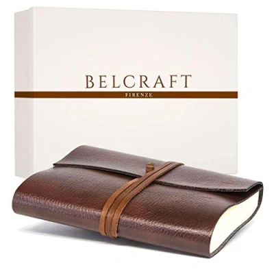 Afbeelding van BELCRAFT Tivoli A5 medium navulbaar notitieboekje van gerecycled leer, handgemaakt in klassieke Italiaanse stijl, inclusief geschenkdoos, dagboek (15x21 cm) bruin
