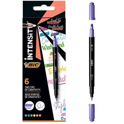Afbeelding van BIC Intensity Dual Tip Highlighter Viltstiften met Schuine en Dunne Punt Diverse Kleuren 6 Stuks van 0.4 mm