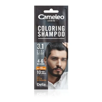 Afbeelding van Cameleo Men Kleurshampoo zeer donkerbruin baardhaar verfrist duurt 4 tot 6 wasbeurten eenvoudig en snel gebruik notenextract 15 ml