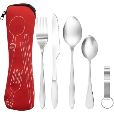 Afbeelding van BRAMBLE 5 delig bestek en flesopener voor camping reizen, van roestvrij staal, met etui, om mee te nemen, robuust praktisch (rood)