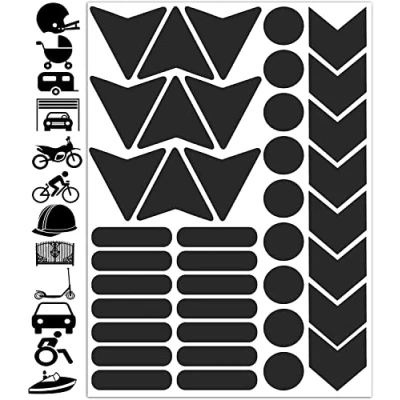 Afbeelding van Biomar Labs® Set van 40 pvc stickers, hoge zichtbaarheid, reflecterend, nachtzichtbaarheid, stickers voor fiets, helm, kinderwagen, speelgoed, caravan, rol, boot, zwart, D 46