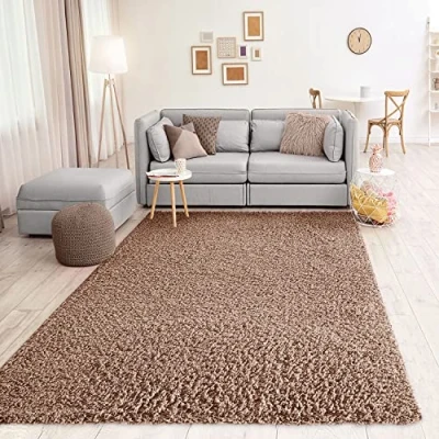 Afbeelding van VIMODA Prime Shaggy, tapijt, kleur: hoogpolig, modern, voor woonkamer, slaapkamer, afmetingen: 150 cm vierkant, lichtbruin, 160 x 220