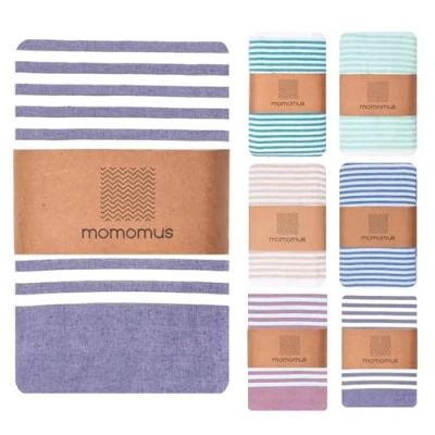 Afbeelding van MOMOMUS Fouta XXL strandlaken of picknickhanddoek voor strand gestreepte deken met franjes tapijt, zandvrij picknickkleed paars, 210 x 240 cm
