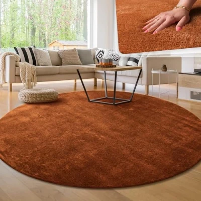 Afbeelding van Paco Home Vloerkleed voor de woonkamer, effen, wasbaar, korte en zachte pool rond: 160 cm, koper