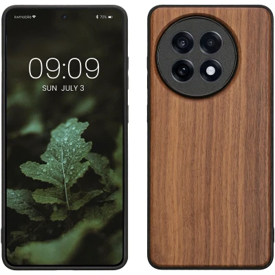 Afbeelding van kwmobile telefoonhoesje geschikt voor OnePlus 13R Hoesje met bumper in donkerbruin Backcover walnoothout