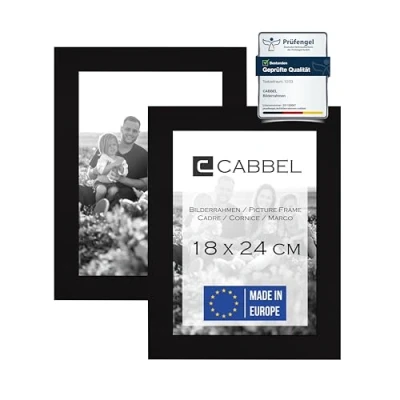 Afbeelding van CABBEL Fotolijst 18 x 24 cm, zwart, stabiele mdf houten lijst, onbreekbaar plexiglas, om op te hangen, ideaal voor foto&#039;s/afbeeldingen/collage, 2 stuks, zwart